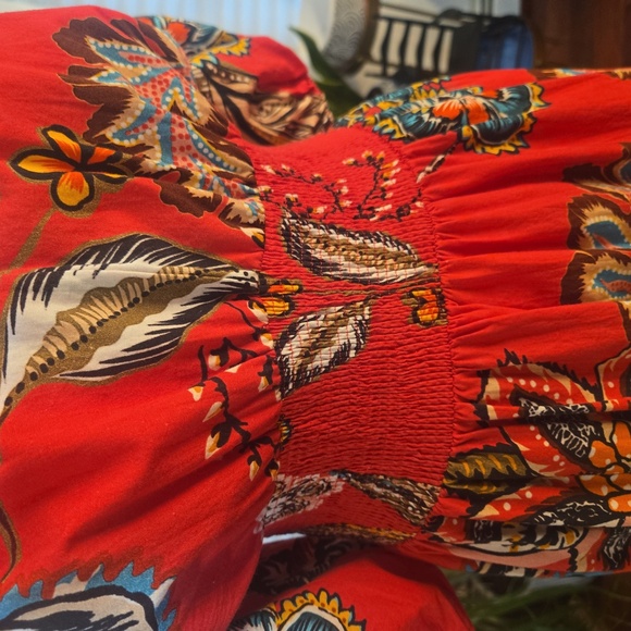 Anthropolgie x Conditions Apply Puff Sleeve Smocked Tropical Ruffle Maxi Dress 4 - Picture 6 of 11